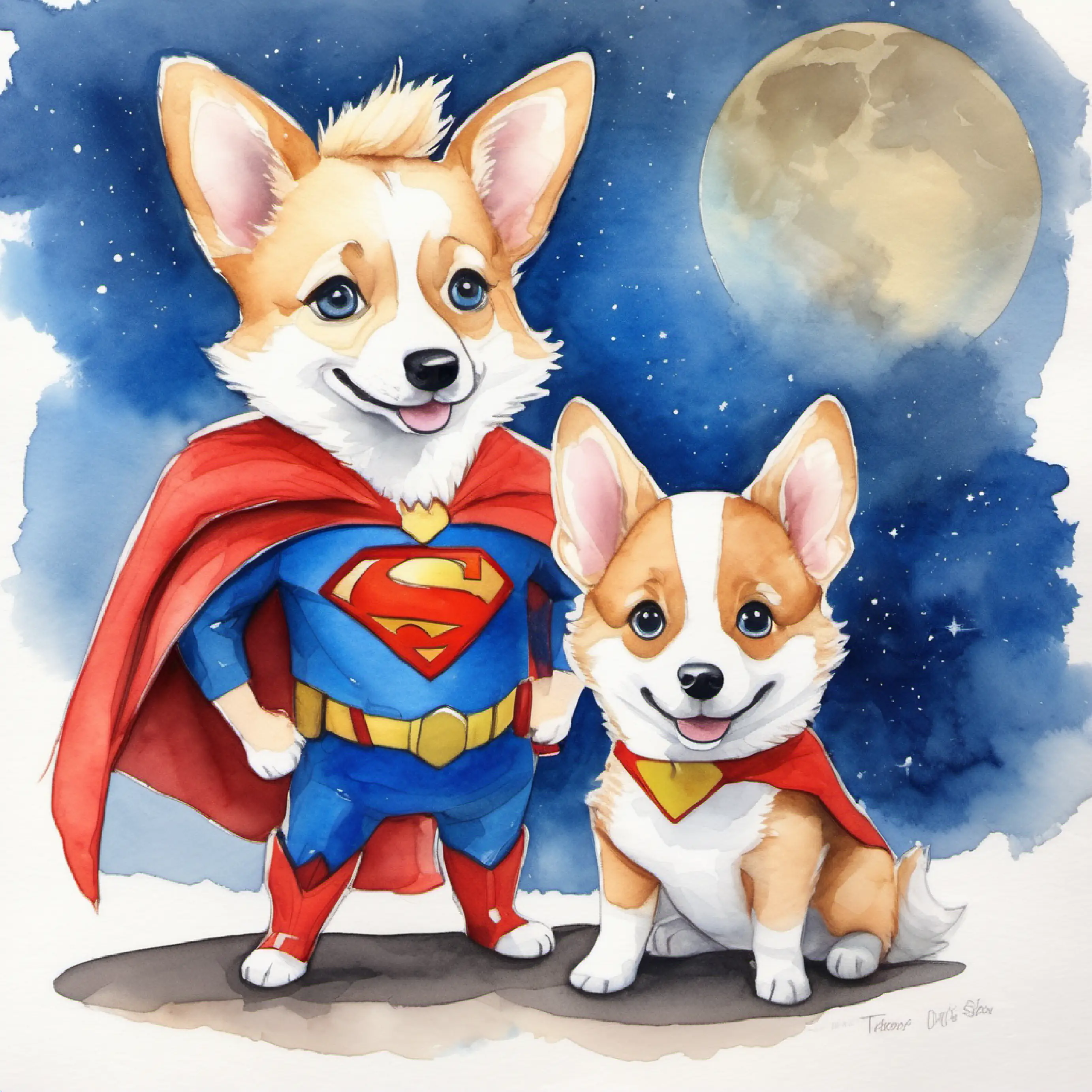 Theodore the corgi meets the boy Lukas at his home (use the same style as above)