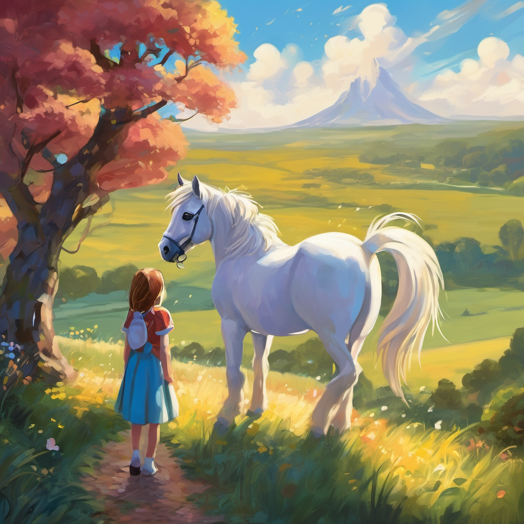 Curiosity sparked in her eyes as she wondered what would happen if she made a wish. She whispered, "I wish for a pony!" Instantly, the ground began to tremble, and out of nowhere appeared a tiny pony, no bigger than a teddy bear. Wendy was astonished but delighted. She named him Sparkle and they became the best of friends. Over the next few days, Wendy made many wishes, and they all seemed to come true in the most unexpected ways. When she wished for a rainbow, the sky turned into a mesmerizing canvas of vibrant colors. When she wished for a feast, her family's dinner table was magically filled with heaps of tantalizing food. Wendy could hardly believe her eyes!