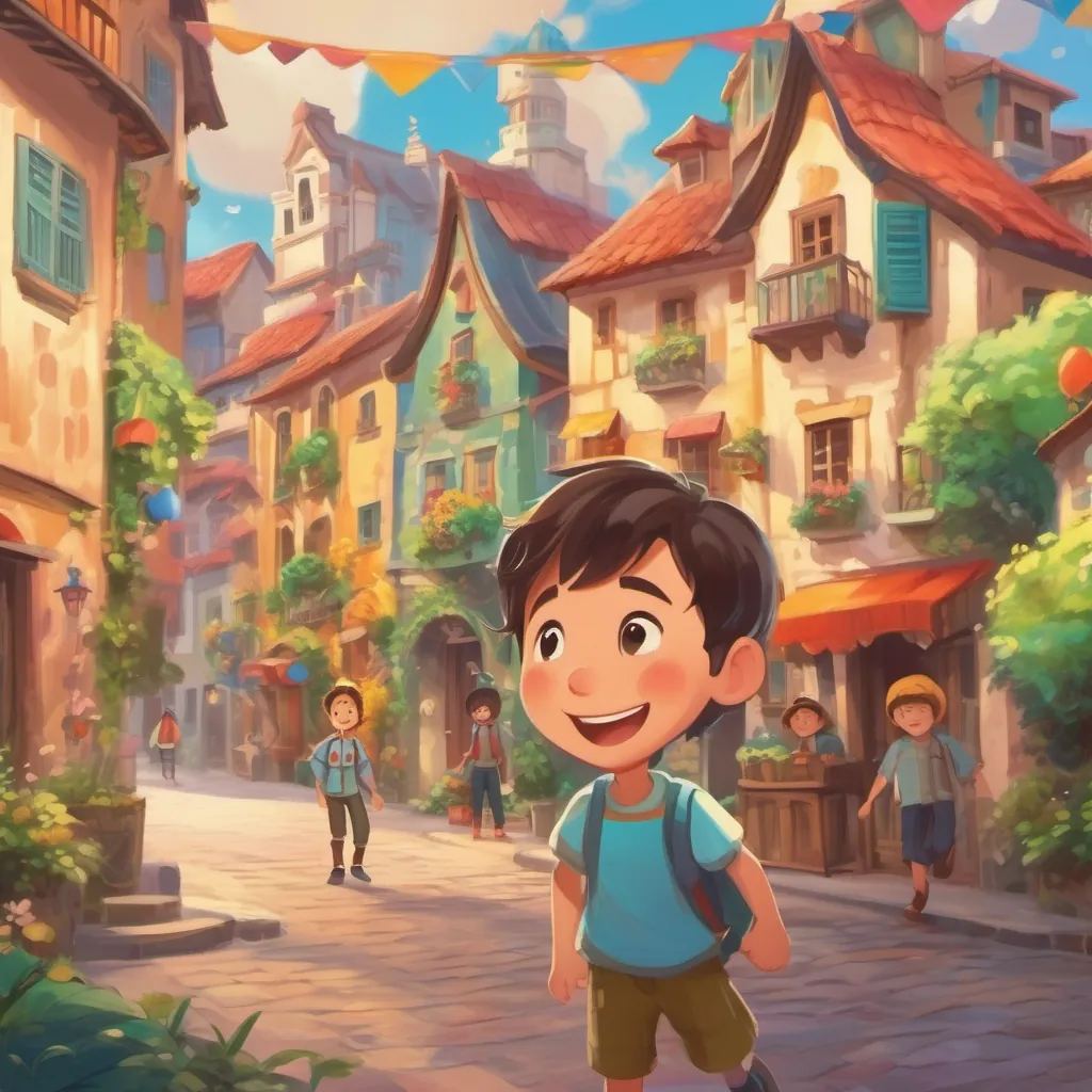 A colorful town with whimsical buildings and playful children, focusing on A cheerful young boy with a big smile, wearing colorful clothes who is smiling and waving.