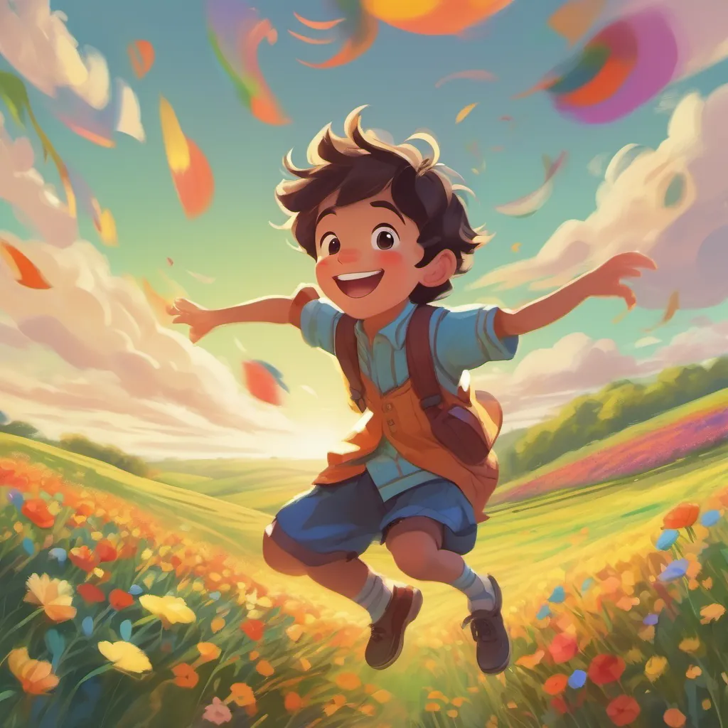 A cheerful young boy with a big smile, wearing colorful clothes dancing joyfully in a bright open field, hopping and prancing around with a big smile.