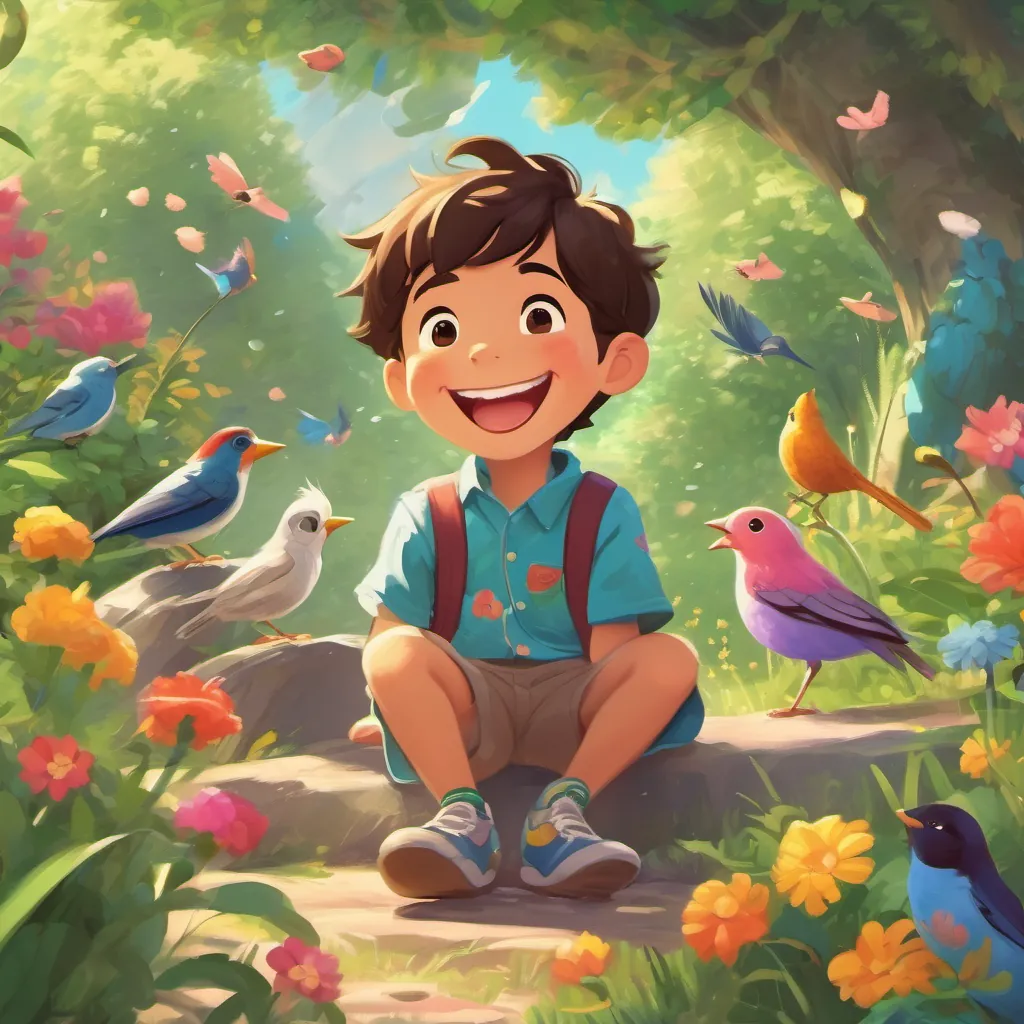 A cheerful young boy with a big smile, wearing colorful clothes enjoying a fun-filled day with Leapy, talking flowers, and birds in the Giggle Grove.