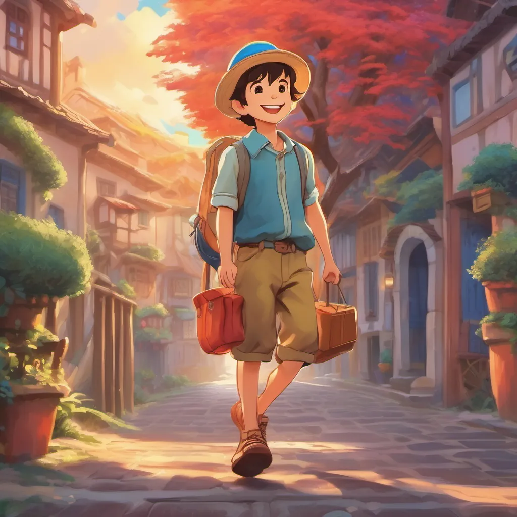 A cheerful young boy with a big smile, wearing colorful clothes wearing the hat, being magically transported back home as the sun sets.