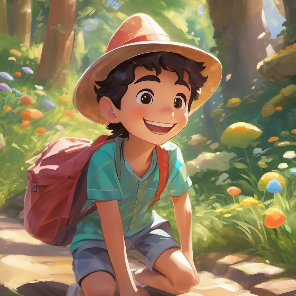 A cheerful young boy with a big smile, wearing colorful clothes looking at a shiny, tall hat that seems magical, glistening in the sunlight.