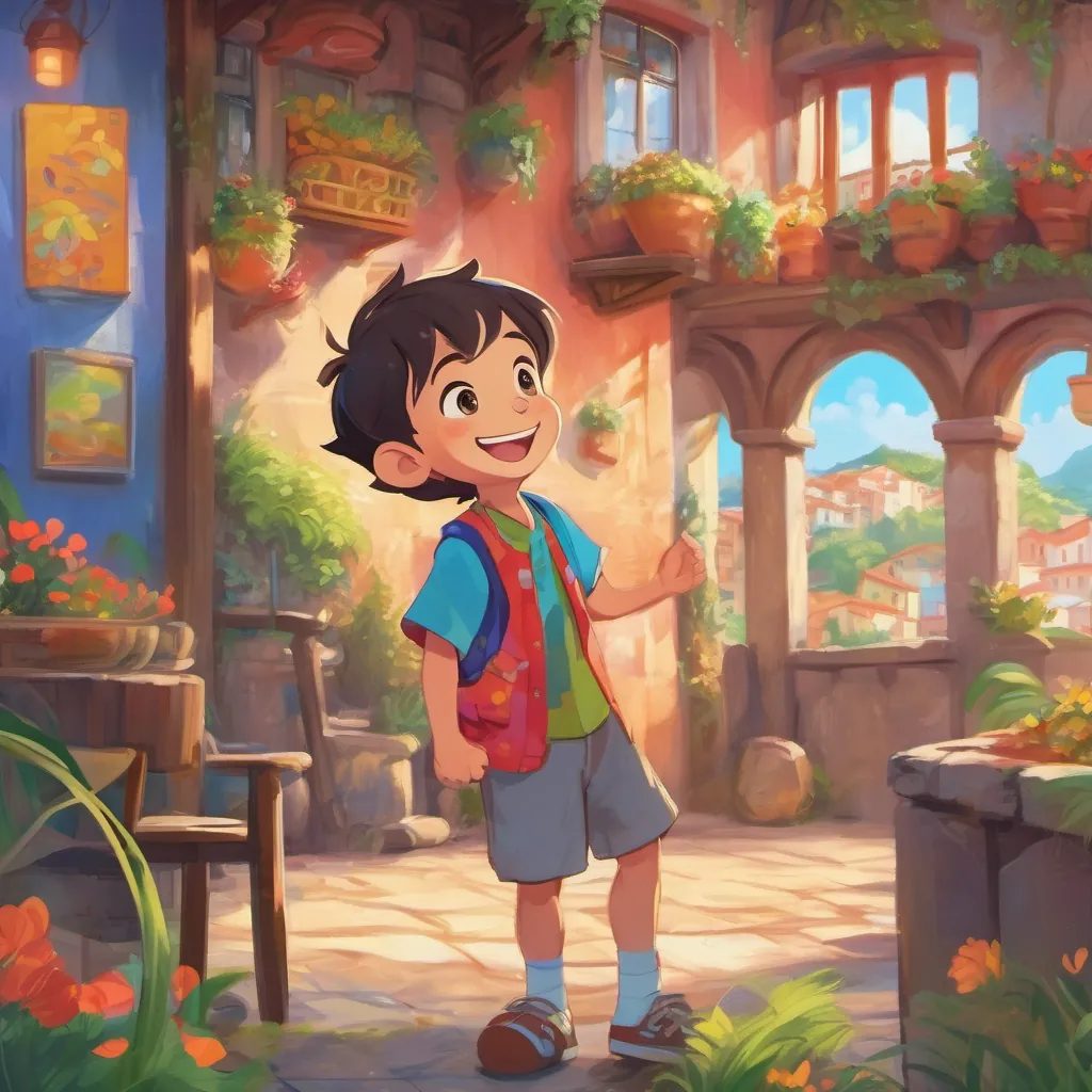 A cheerful young boy with a big smile, wearing colorful clothes shrinking down and looking around in amazement as the world grows larger around him.