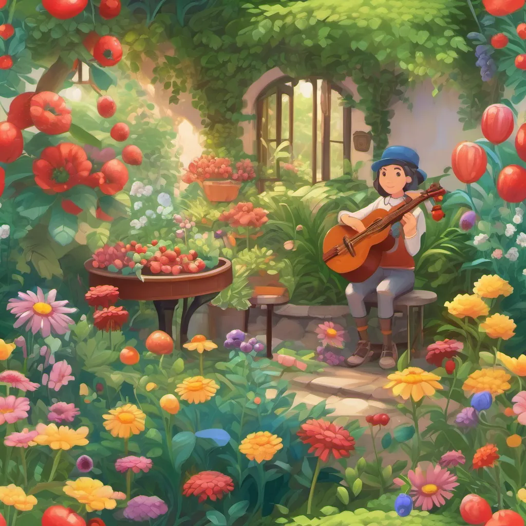 A vibrant garden with talking flowers and musical berries playing instruments.