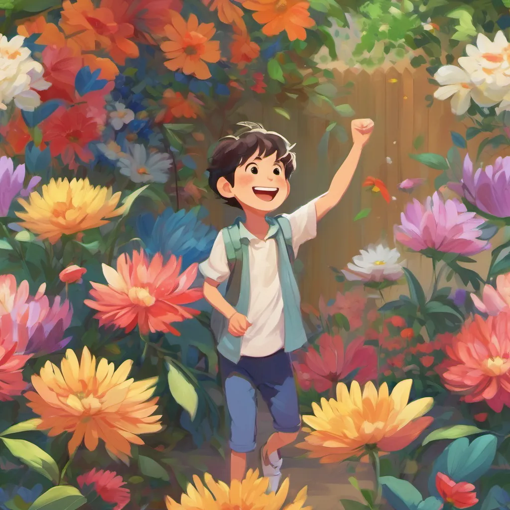 A cheerful young boy with a big smile, wearing colorful clothes surrounded by talking, colorful flowers inviting him to sing and dance.