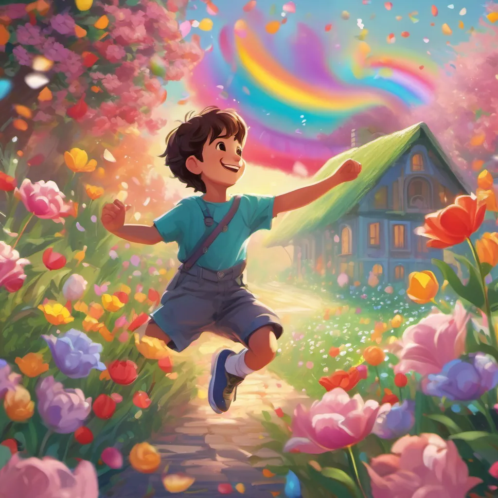 A cheerful young boy with a big smile, wearing colorful clothes dancing with tulips, while roses and daisies create a rainbow of colors around him.