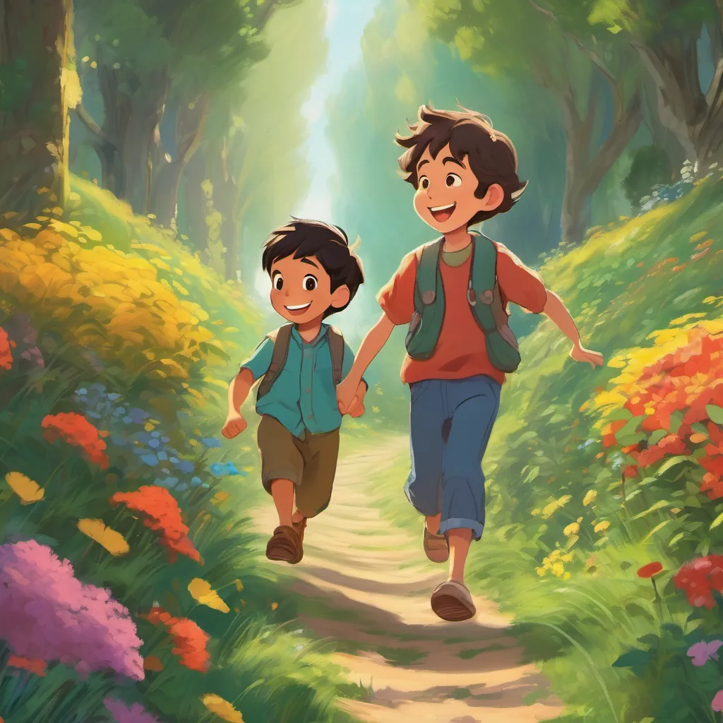 Leapy leading A cheerful young boy with a big smile, wearing colorful clothes through a lively path towards the Giggle Grove, filled with laughter and joy.