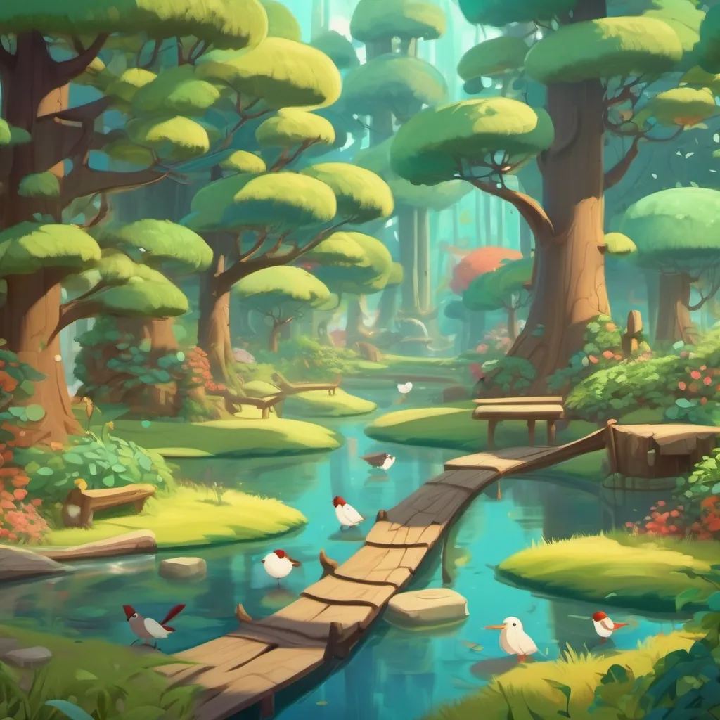 A whimsical grove where trees laugh, leaves tell jokes, and birds enjoy a bath.