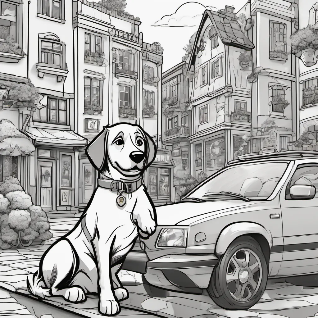 An inviting, colorful illustration of a busy town with Marley in the foreground, looking alert and proud.