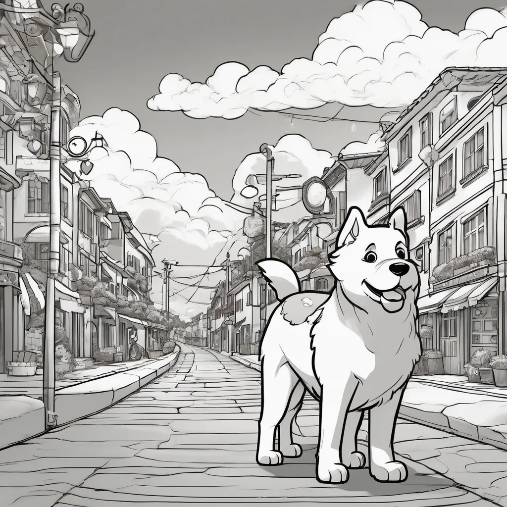 Marley strolling through a quiet part of town with fluffy, cloud-like puffs in the background.