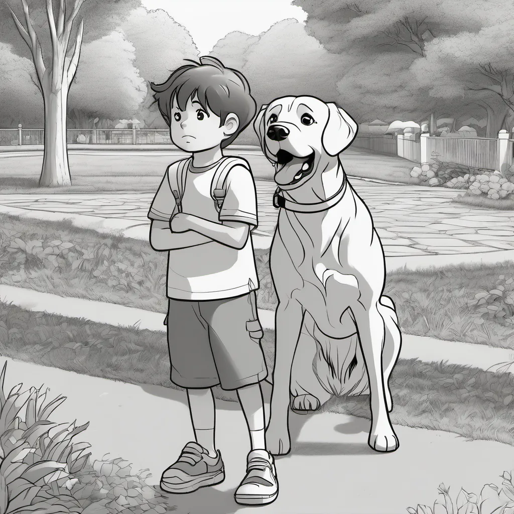 A worried-looking child standing by himself in a park while Marley watches closely.