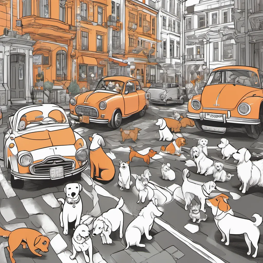 A colorful yet busy street full of cars with a ball lying in the middle and Marley looking concerned.