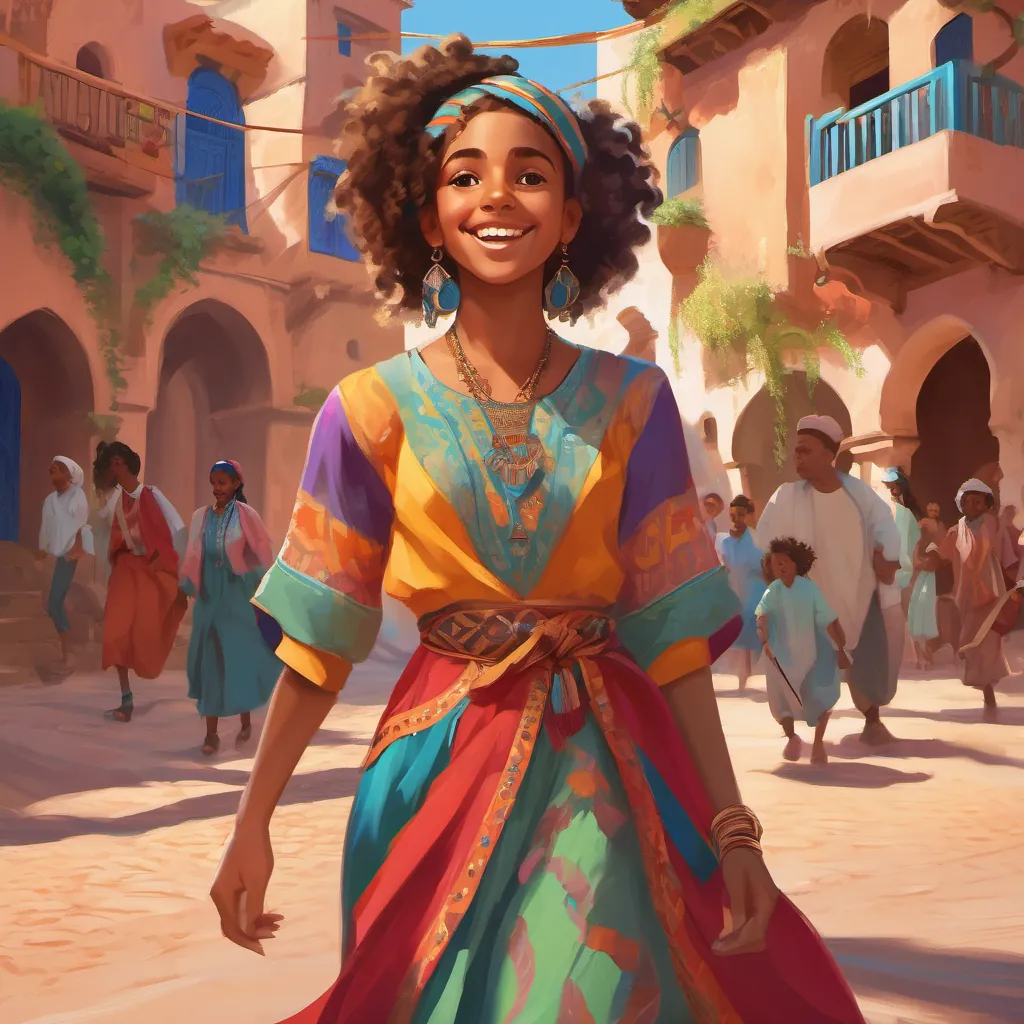 A joyful young Moorish girl with curly hair, wearing a colorful traditional outfit, surrounded by friends in a vibrant Moroccan village.