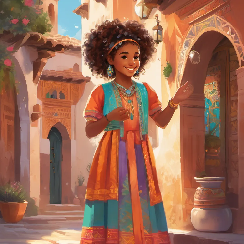 A joyful young Moorish girl with curly hair, wearing a colorful traditional outfit, spreading confidence and happiness in a vibrant Moroccan village holding a glowing, shimmering mirror, her reflection glinting with magical light in a quaint village setting.