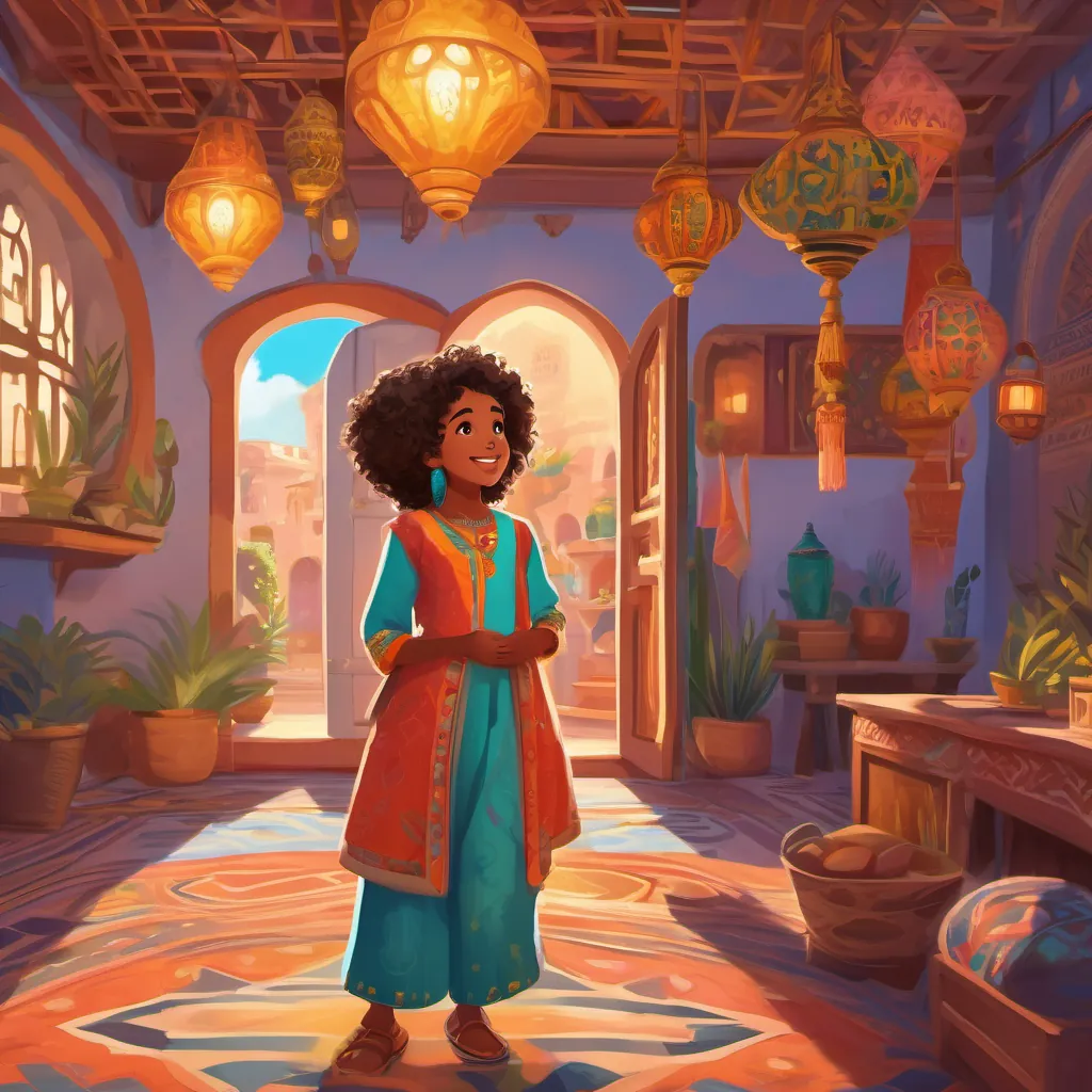 A magical mirror with a soft, mystical glow speaking to A joyful young Moorish girl with curly hair, wearing a colorful traditional outfit, spreading confidence and happiness in a vibrant Moroccan village, who listens in awe in her cozy room.