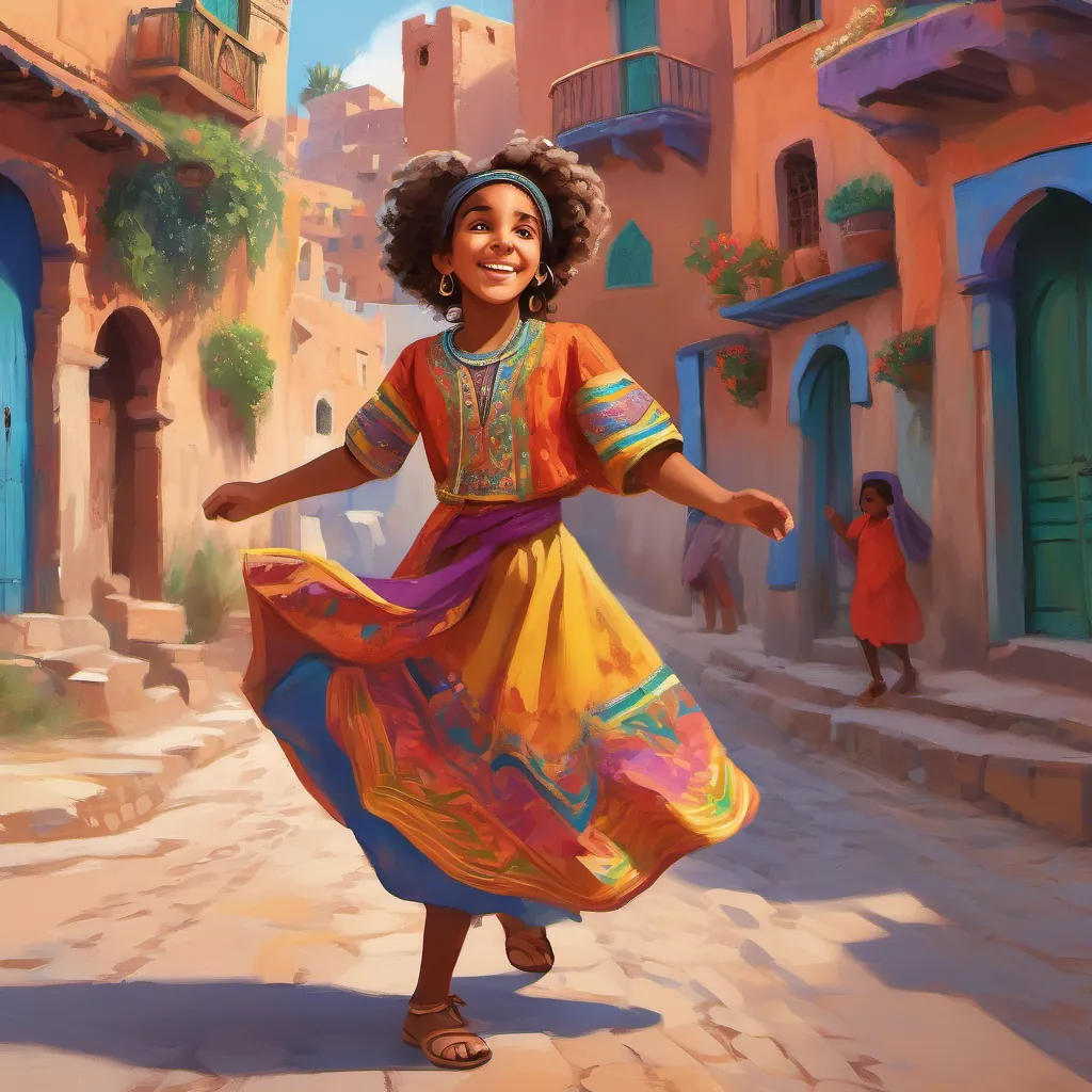 A joyful young Moorish girl with curly hair, wearing a colorful traditional outfit, spreading confidence and happiness in a vibrant Moroccan village dancing joyfully in a bustling village street, children and villagers turning towards her, captivated by her call.