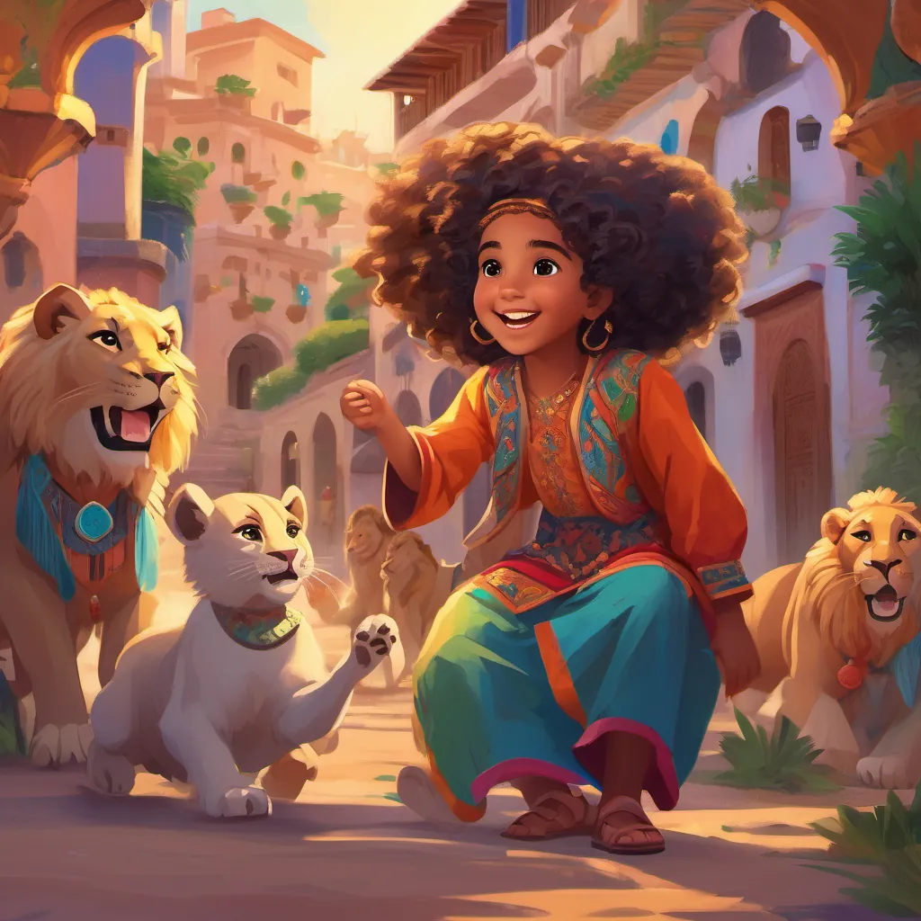 Children of various ages surrounding A joyful young Moorish girl with curly hair, wearing a colorful traditional outfit, spreading confidence and happiness in a vibrant Moroccan village, listening intently, some roaring like lions with big smiles.