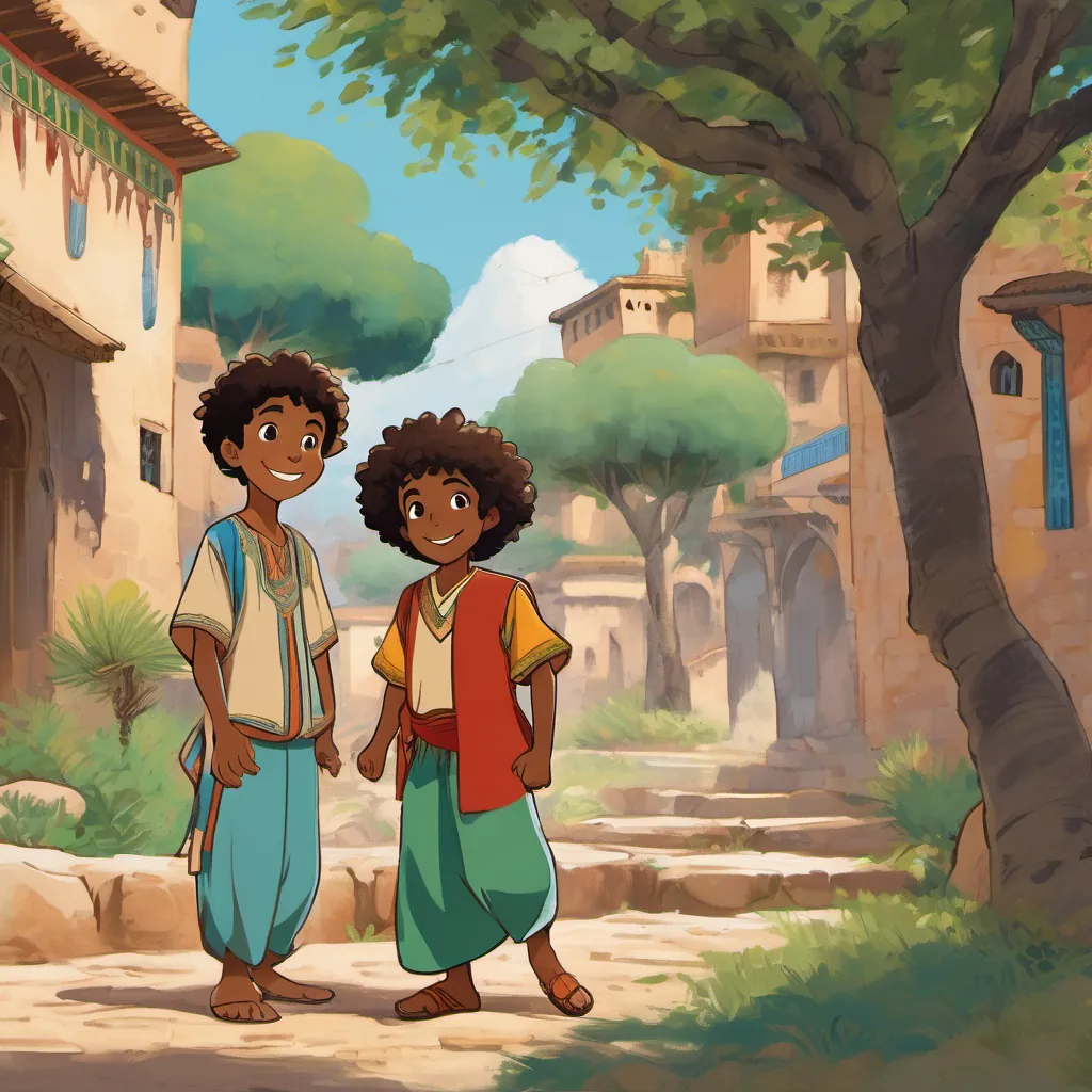 A small boy, A small Moorish boy, initially shy and uncertain, but later confident and smiling, standing in a serene part of the village surrounded by tall trees, looking shy and uncertain, holding his hands anxiously while A joyful young Moorish girl with curly hair, wearing a colorful traditional outfit, spreading confidence and happiness in a vibrant Moroccan village kneels beside him, encouraging.