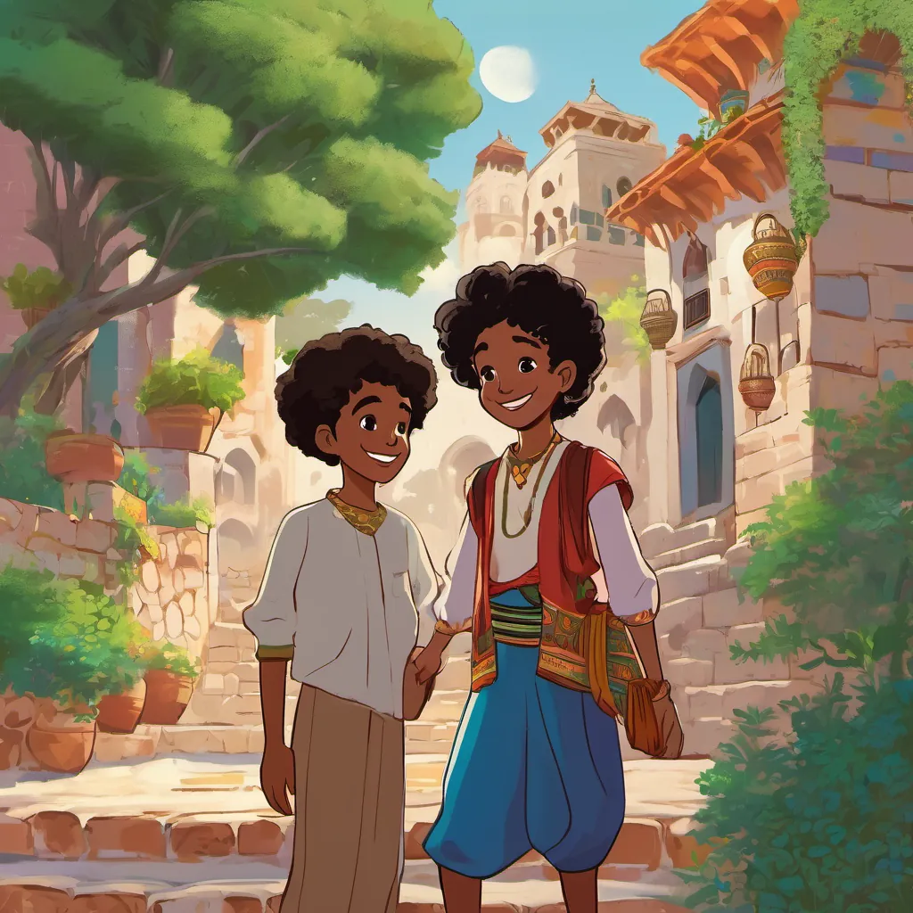 A joyful young Moorish girl with curly hair, wearing a colorful traditional outfit, spreading confidence and happiness in a vibrant Moroccan village reassuring A small Moorish boy, initially shy and uncertain, but later confident and smiling, standing in a serene part of the village surrounded by tall trees amidst tall, ancient trees in a serene part of the village, both surrounded by lush greenery.