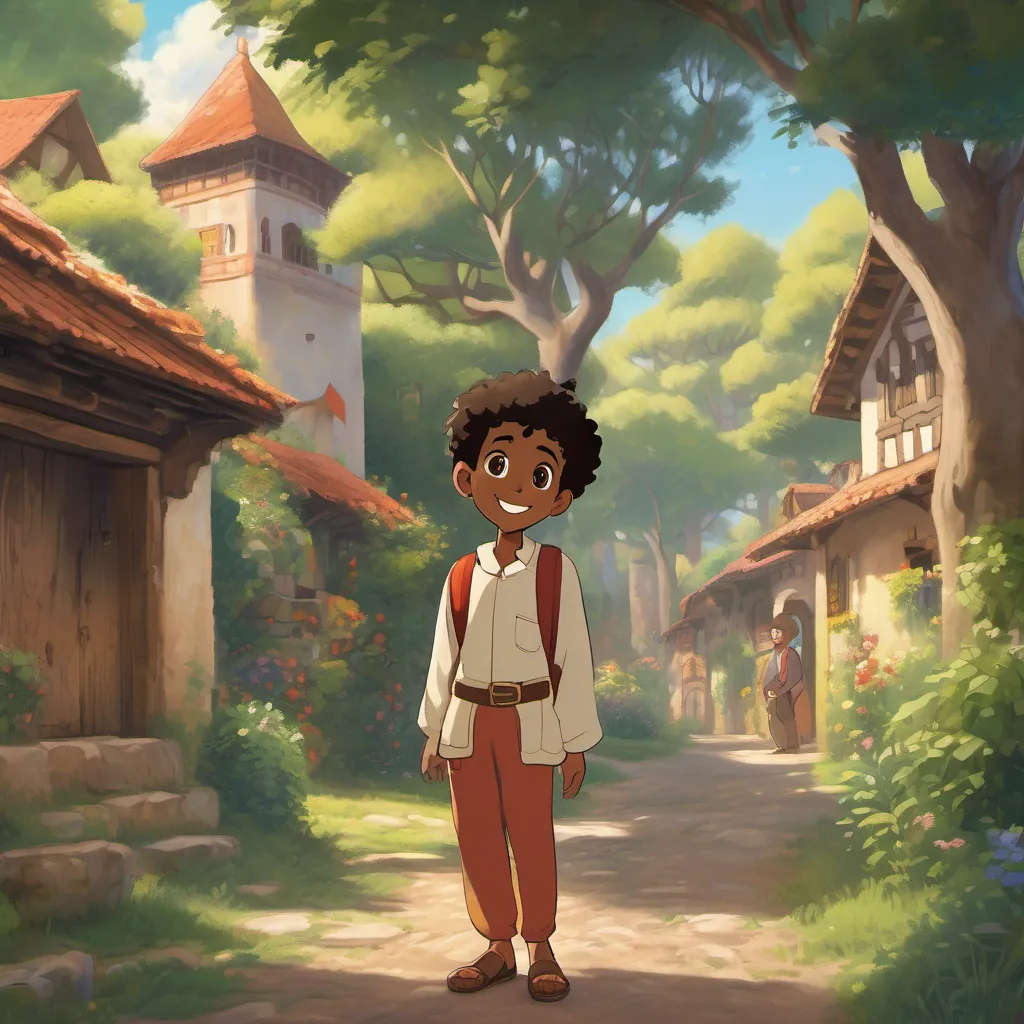 A small Moorish boy, initially shy and uncertain, but later confident and smiling, standing in a serene part of the village surrounded by tall trees standing tall and confident, his face lit up with a wide smile, surrounded by cheering friends.