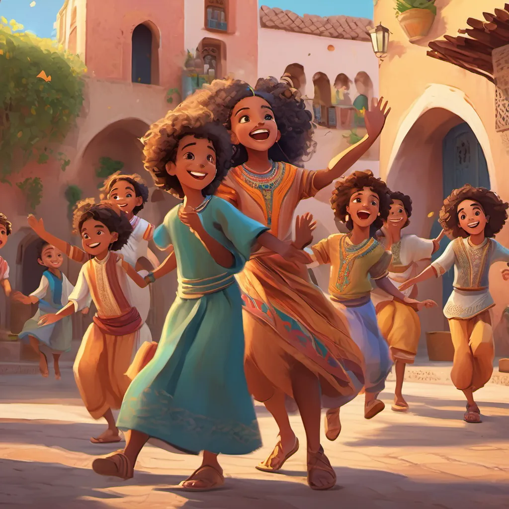 A group of happy children singing and dancing together while A joyful young Moorish girl with curly hair, wearing a colorful traditional outfit, spreading confidence and happiness in a vibrant Moroccan village leads them in a lively village square.