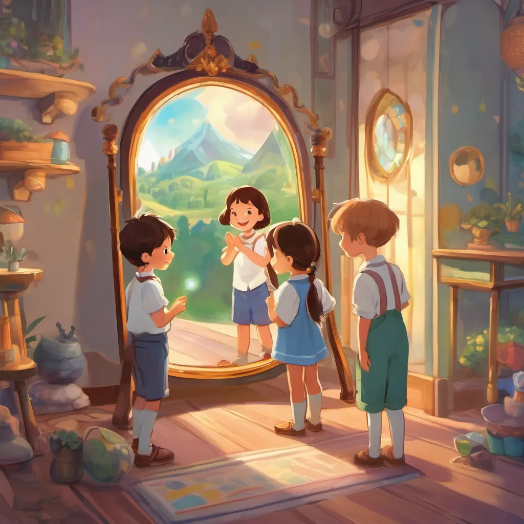 Children looking into the magical mirror, smiles on their faces as they chant their confidence song.
