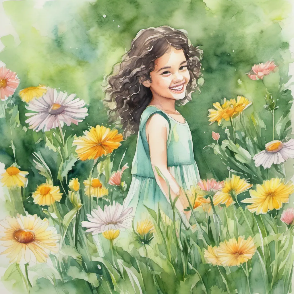 a sunny park with green grass and blooming flowers, a young girl with black curly hair and fair skin hopping gleefully