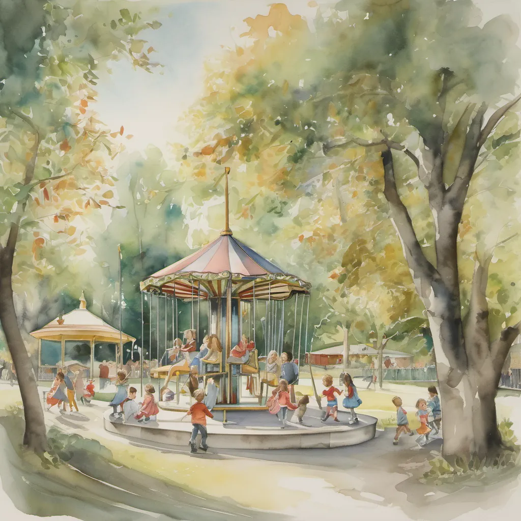 a park with swings, merry-go-round, and children laughing and playing