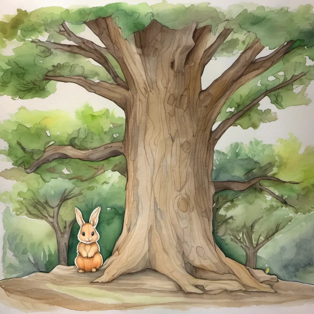 a big oak tree with a small brown bunny sitting under it with a slightly sad expression