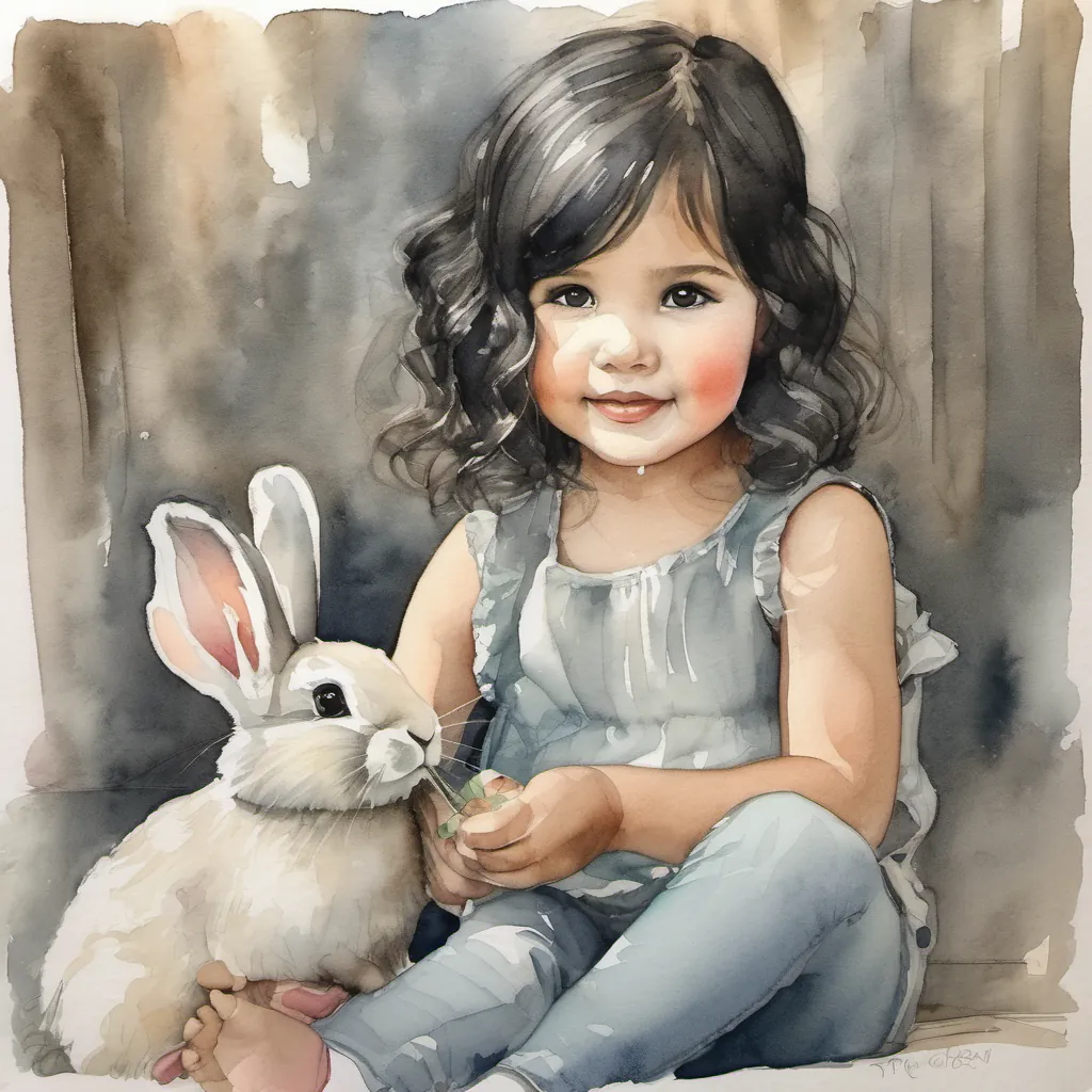 Ehana sitting down next to the bunny, offering a chat or play with a gentle smile