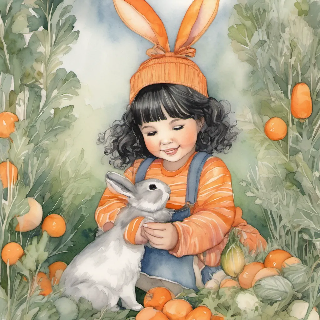 Ehana offering a bright orange carrot to the bunny who starts nibbling it with a thankful expression