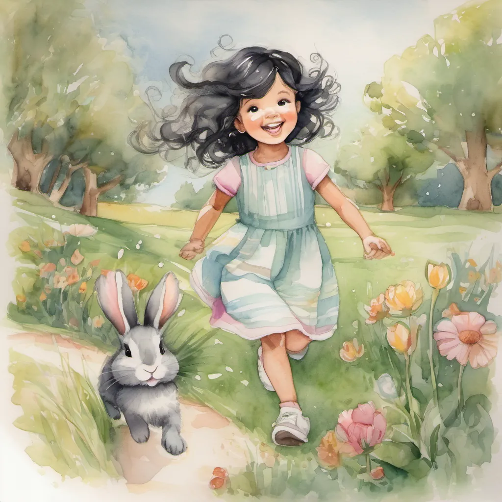 Ehana and the bunny playing together happily, hopping and singing