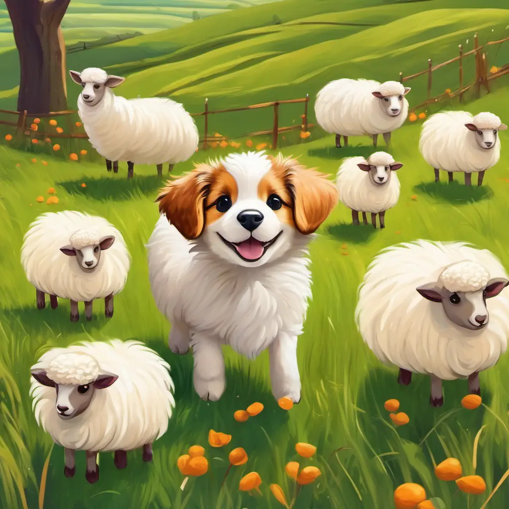 Small Korgija puppy with light brown fur, big brown eyes standing in a lush green field with a group of white sheep.