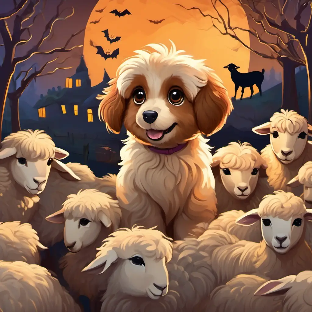 Small Korgija puppy with light brown fur, big brown eyes surrounded by sheep, who are looking at him with surprise and curiosity.