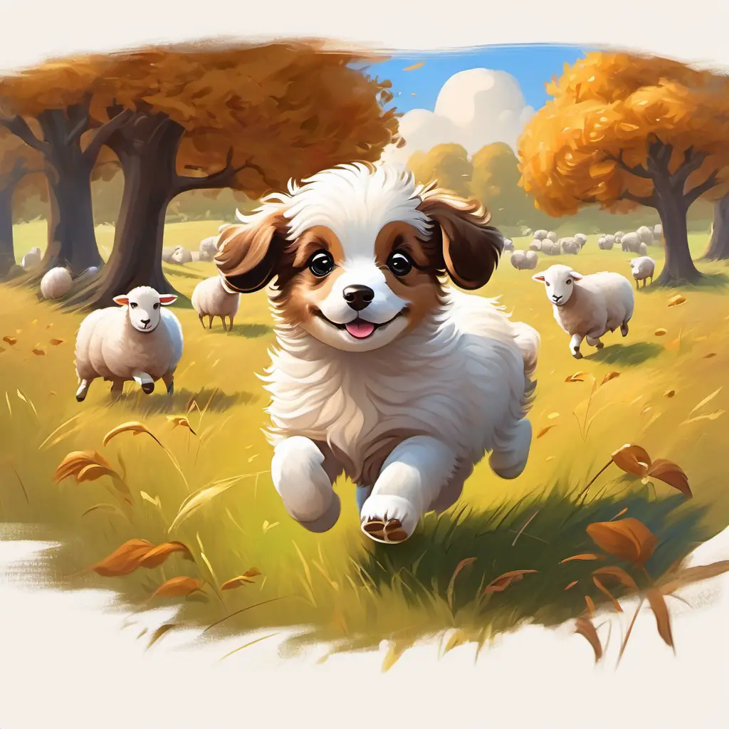 Small Korgija puppy with light brown fur, big brown eyes running and playing with the sheep in a beautiful meadow under the shade of a big oak tree.