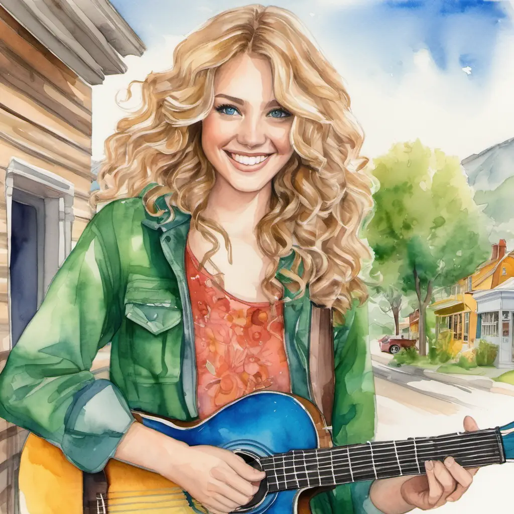 Blonde hair, blue eyes, always wearing a smile and Curly brown hair, green eyes, loves wearing colorful clothes standing in a small town, smiling and holding guitars.