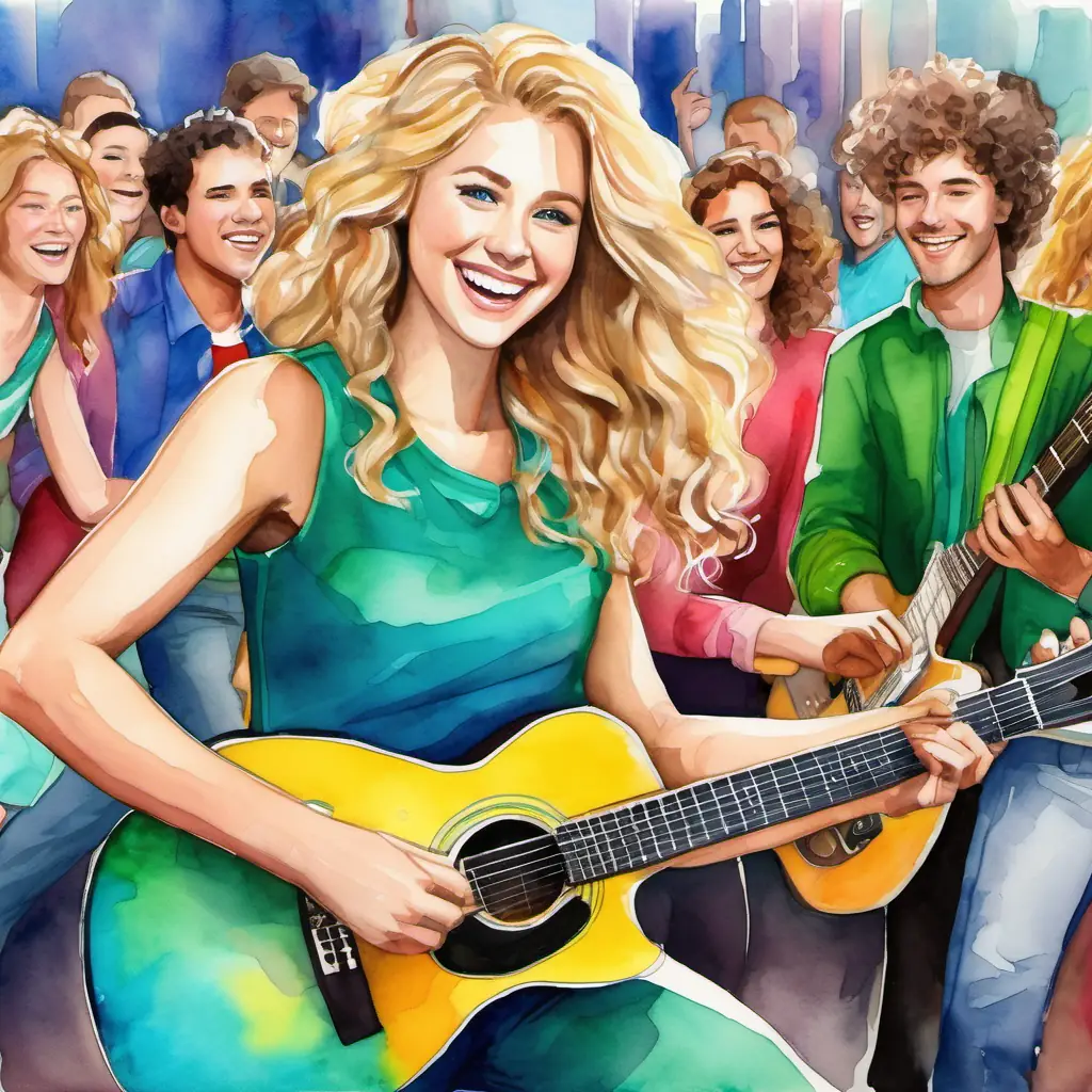 Blonde hair, blue eyes, always wearing a smile playing guitar and Curly brown hair, green eyes, loves wearing colorful clothes playing keyboards, surrounded by a crowd of happy people dancing.