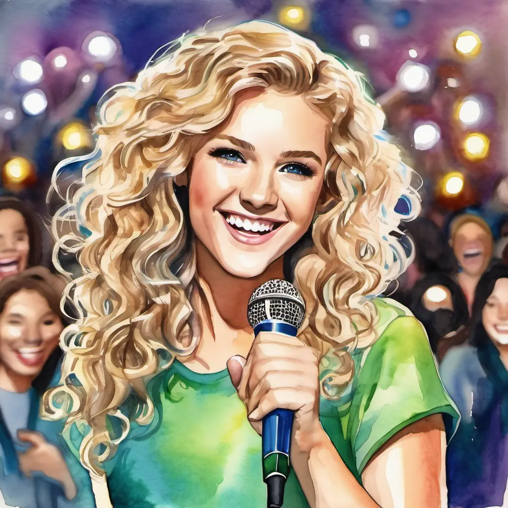 Blonde hair, blue eyes, always wearing a smile and Curly brown hair, green eyes, loves wearing colorful clothes performing on stage, lights flashing and the crowd cheering.