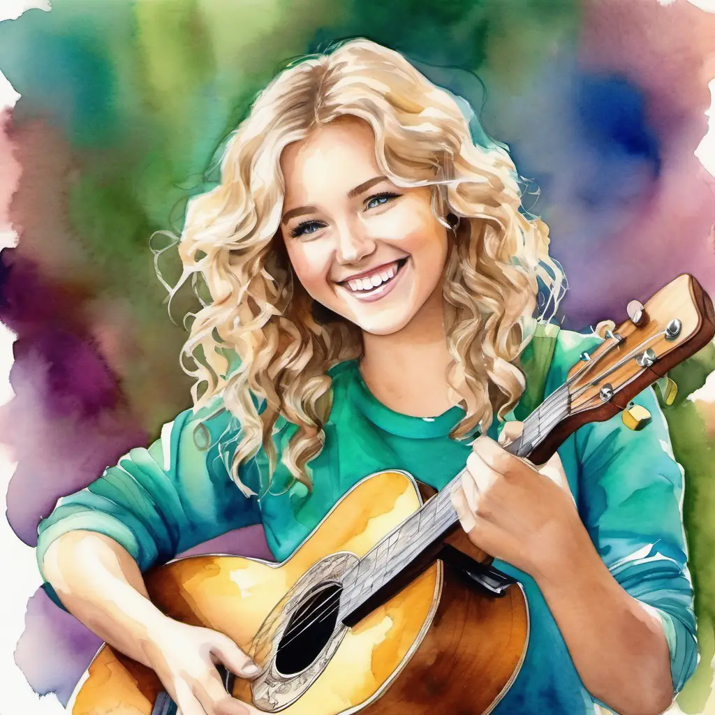 Blonde hair, blue eyes, always wearing a smile and Curly brown hair, green eyes, loves wearing colorful clothes laughing and playing music together.