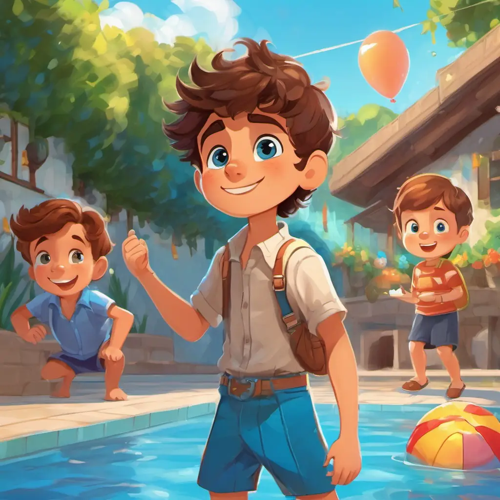 The story continues with Brave and adventurous boy with brown hair and blue eyes receiving an invitation to a birthday party at the swimming pool. He is excited but also worried about the water.