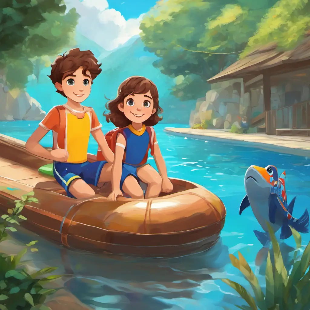 Brave and adventurous boy with brown hair and blue eyes's parents enroll him in swimming lessons with Kind and patient swimming instructor with brown hair and warm smile, a kind and patient instructor.