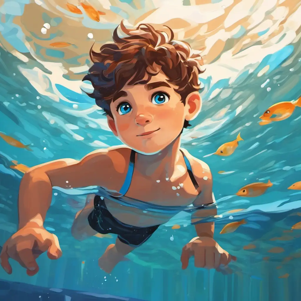 Brave and adventurous boy with brown hair and blue eyes attends swimming lessons and gradually gains confidence in the water.