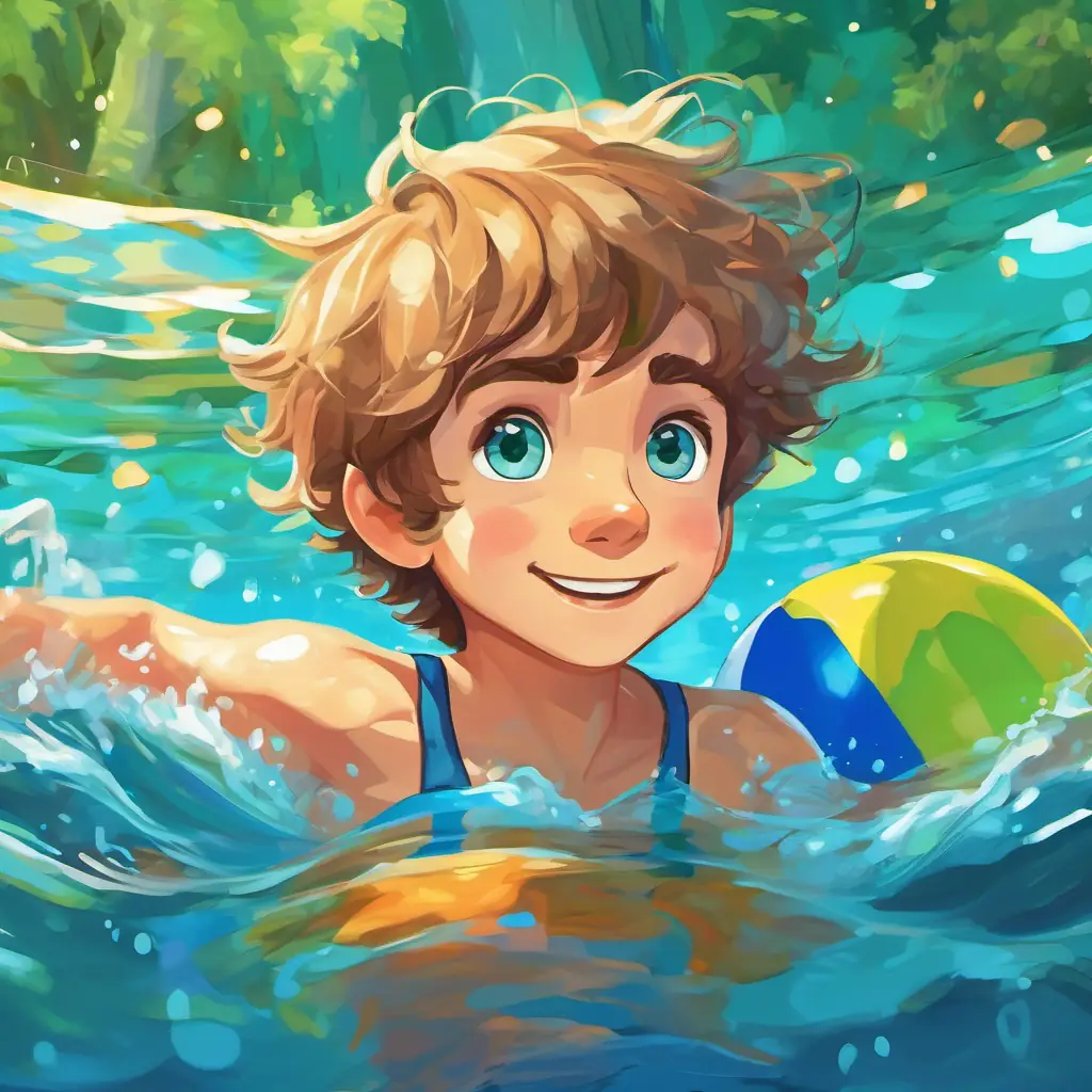 Brave and adventurous boy with brown hair and blue eyes overcomes his fear and enjoys swimming at Alex's best friend with blonde hair and green eyes's birthday party.