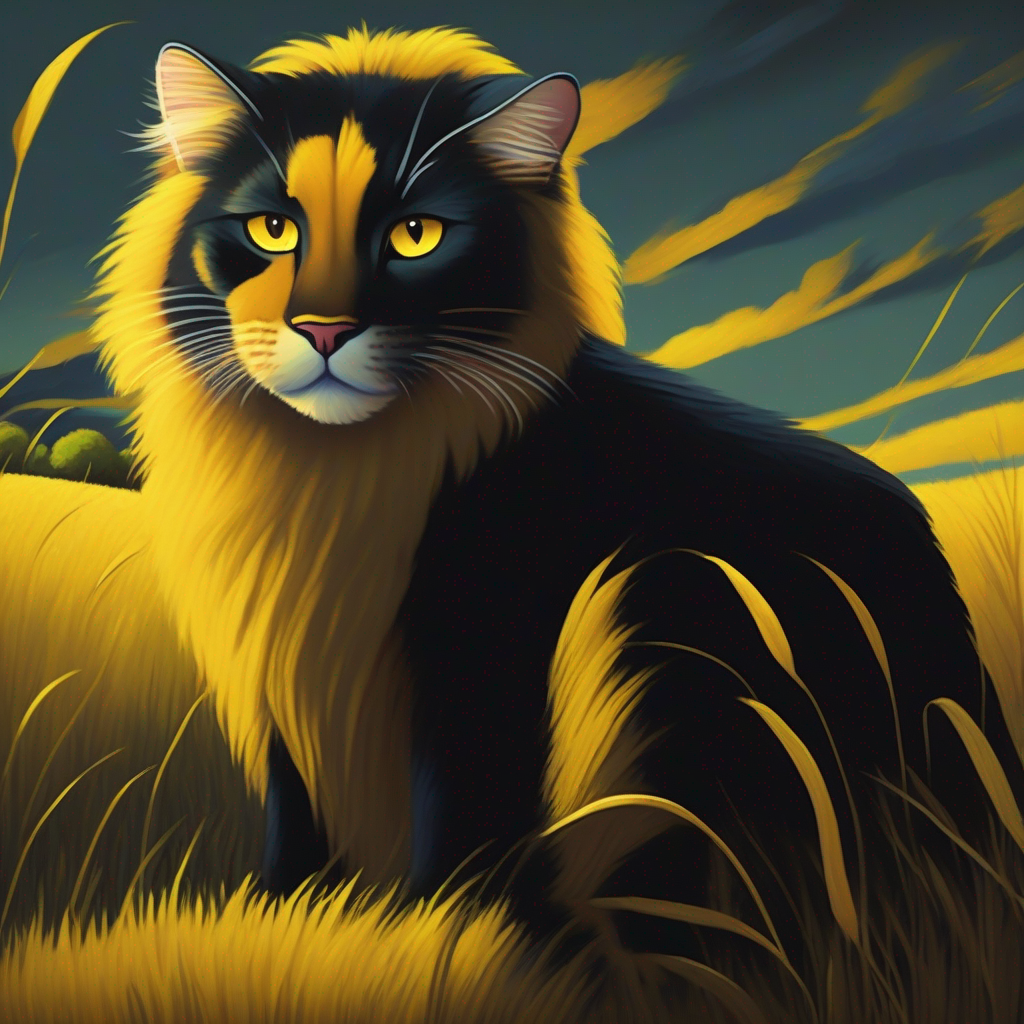 Gato negro y León amarillo con melena larga amarillo frente a una pradera, colores oscuros