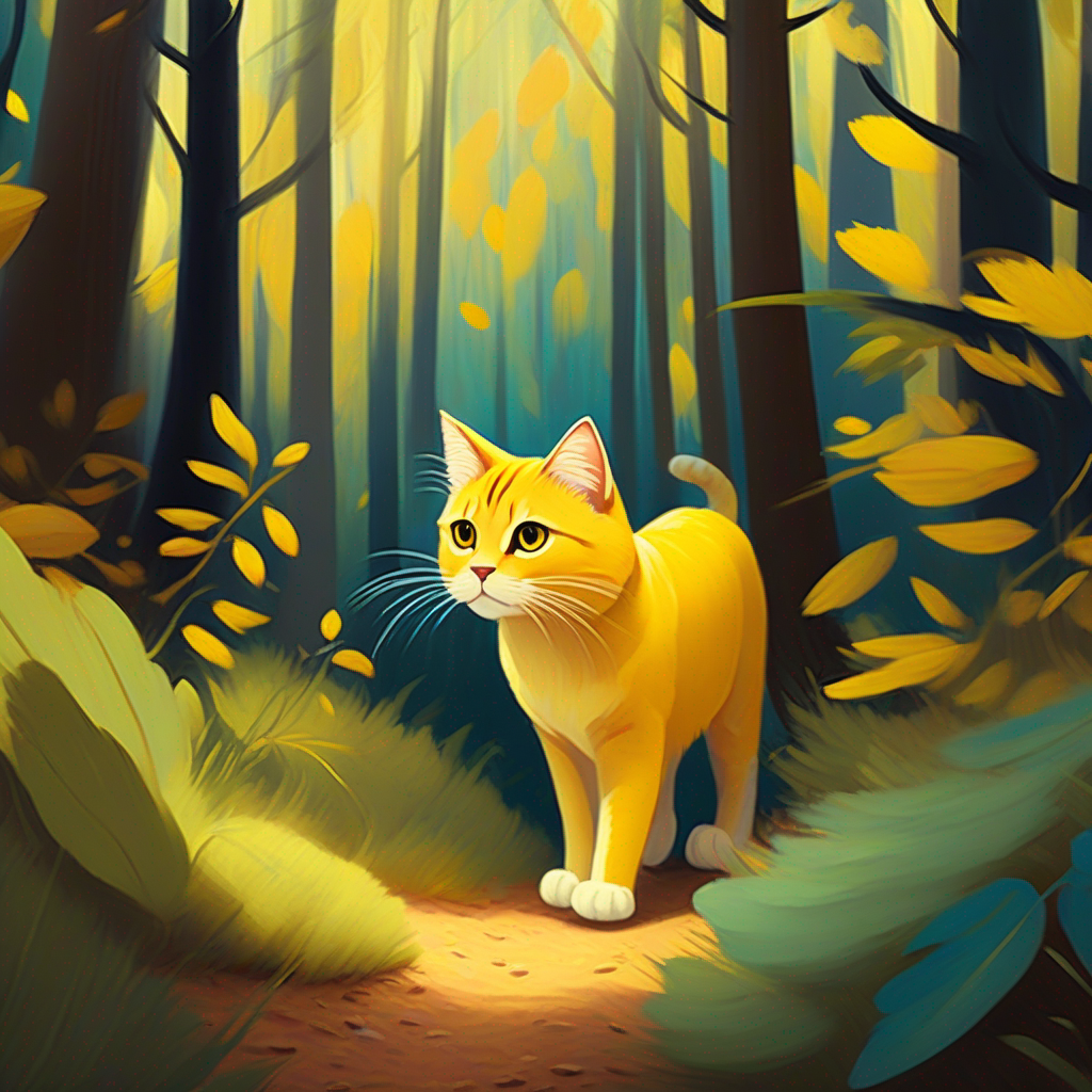 Gato en el bosque encontrando al León amarillo con melena larga, colores tristes