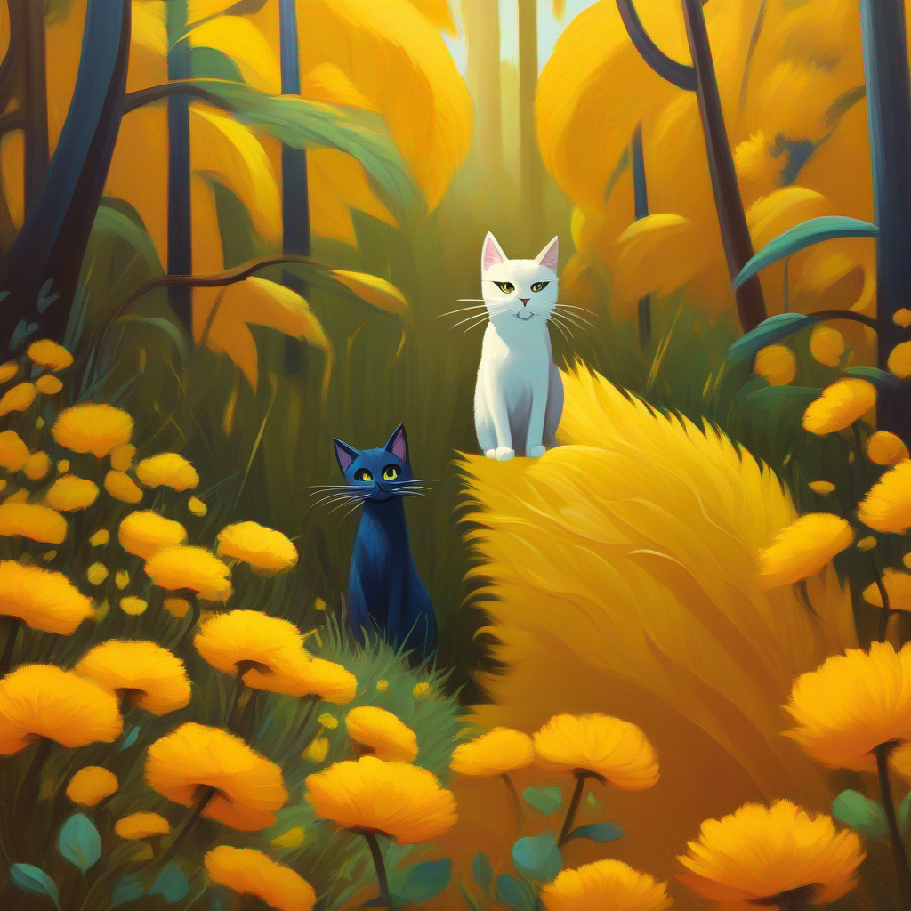 Gato y León amarillo con melena larga en un enfrentamiento, colores contrastantes