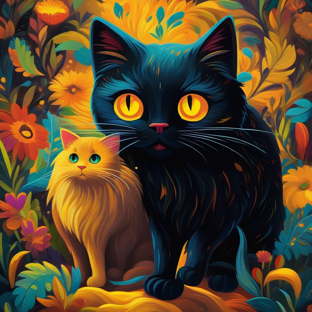 León y Gato negro con ojos amarillos dándose la pata, colores cálidos