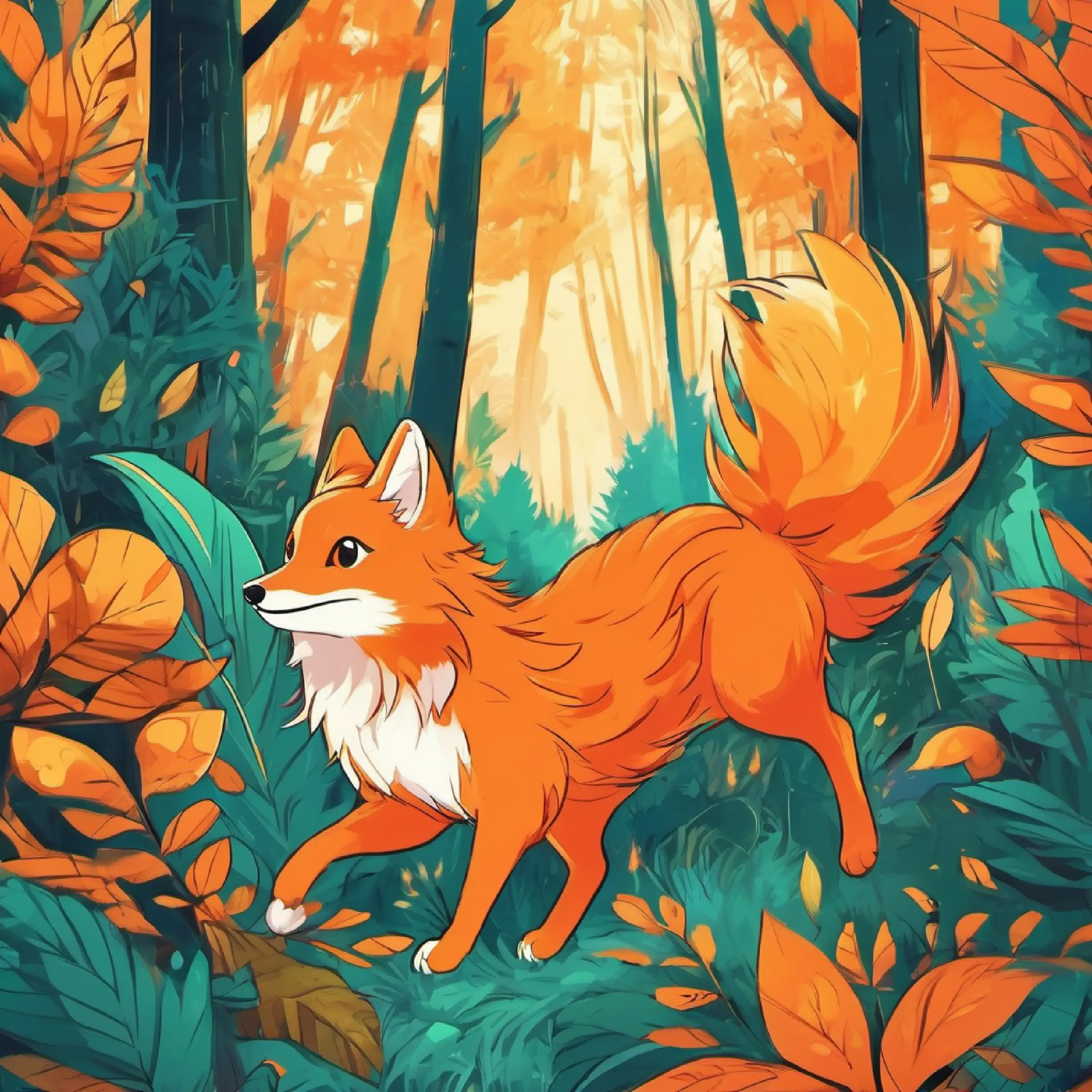Orange fur, curious eyes, swift and rather playful playing energetically in a vibrant forest.