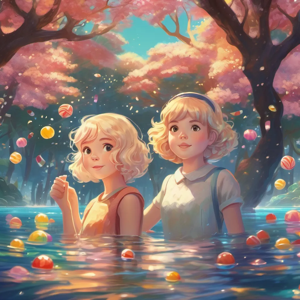two girls, one with blonde hair and the other with dark curly hair, swimming in a sparkling sea with candy-colored trees in the background